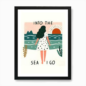 Into The Sea I Go, sunset, white dress woman Art Print