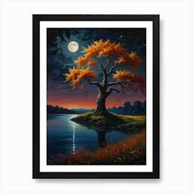 Moonlight Tree By The Lake Poster