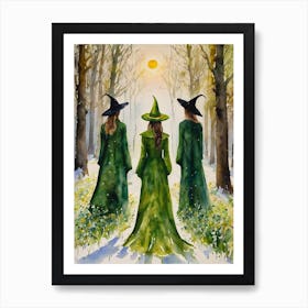 February Witches by Lyra the Lavender Witch - Liminal Time Between The Seasons Winter and Spring, Snow on the Ground, Flowers Shooting up - Witchy Watercolor Art Imbolc, Ostara, Spring Equinox, Sun Returning but Snow and Frost - Pagan Wicca Occult Green Witchcraft HD Art Print