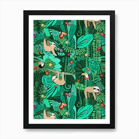 Happy Sloths in Bold Green Jungle Trees Art Print