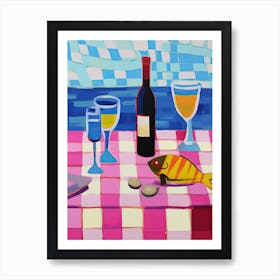Painting Of A Table With Food And Wine, French Riviera View, Checkered Cloth, Matisse Style 3 Art Print