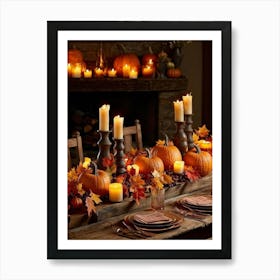 Autumn Table Decoration Cascading Leaves Of Warm Hues Rest Atop Smooth Pumpkins With Textured Exter (3) Art Print