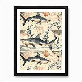 Pastel Carpet Shark Watercolour Seascape Pattern 1 Art Print