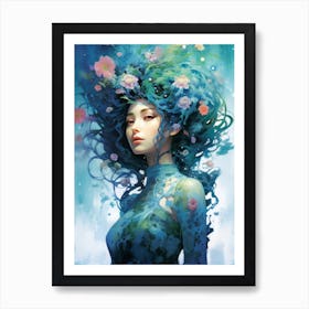 Asian woman with azure hair Art Print