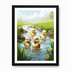 Animated Ducklings Swimming In The River 3 Art Print