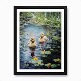 Ducklings In The River Floral Painting 2 Art Print