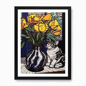 Drawing Of A Still Life Of Iris With A Cat 2 Art Print