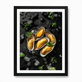 Seafood. Fresh mussels — Food kitchen poster/blackboard, photo art Art Print