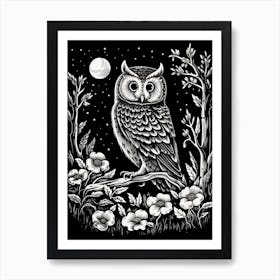 B&W Bird Linocut Eastern Screech Owl Art Print