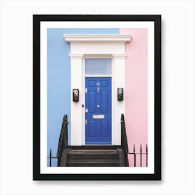 London, England I Emblematic blue door of pastel house in Notting Hill with its pink and blue façade to classic Victorian minimalist geometric colorful londoner architecture photography of an urban street cityscape Art Print