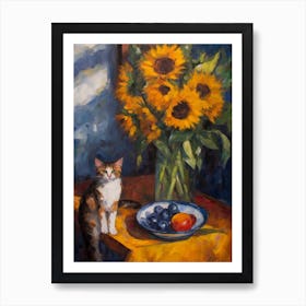 Flower Vase Sunflower With A Cat 1 Impressionism, Cezanne Style Art Print