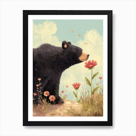 American Black Bear Sniffing A Flower Storybook Illustration 2 Art Print