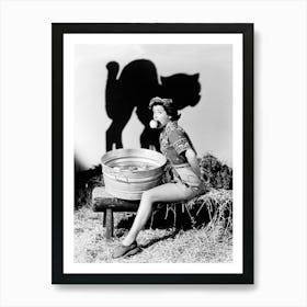 Beautiful Pin Up Bobbing For Apples, With Shaddow Of A Big Black Cat Above Her Art Print