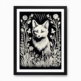 Linocut Fox Illustration Black 12 Art Print