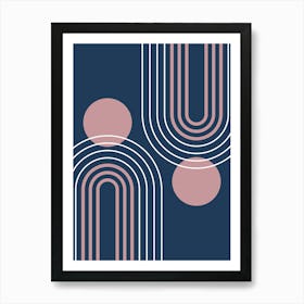 Mid Century Modern Geometric B28 In Navy Blue And Rose Gold (Rainbow And Sun Abstract) 01 Art Print