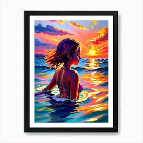 Girl Swimming In The Sea, Beautiful Sunset Acrylic Paint Art Print