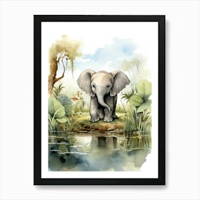 Elephant Painting Birdwatching Watercolour 1 Art Print