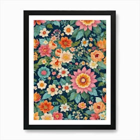 Painted Botanical Summer Flowers Boho Floral Colorful Pattern - Navy Background, Stars, Moon Art Like Amy Butler and William Morris Fabric Print For Lunar Pagan Gallery Feature Wall Floral Botanical Luna Lover HD Art Print