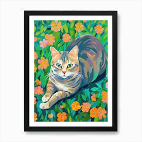 Cat Chilling With Flowers Oil Painting Art Print