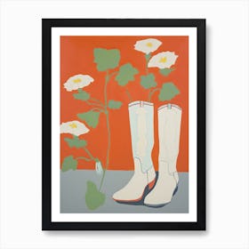 A Painting Of Cowboy Boots With White Flowers, Pop Art Style 1 Art Print