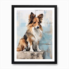 Shetland Sheepdog Dog, Painting In Light Teal And Brown 3 Art Print