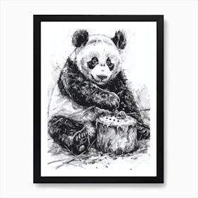 Giant Panda Cub Playing With A Beehive Ink Illustration 4 Art Print