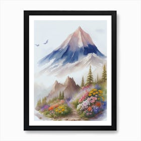 Watercolor Of Beautiful Mountains And Flowers Art Print