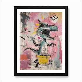 Dinosaur Eating Ramen Pink Graffiti Brushstroke Art Print