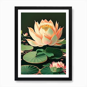 Blooming Lotus Flower In Lake Retro Illustration 2 Art Print