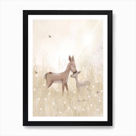 Mama Deer Kiss On Summer Meadow Art Print