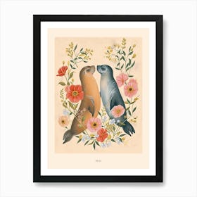 Folksy Floral Animal Drawing Seal 1 Poster Art Print