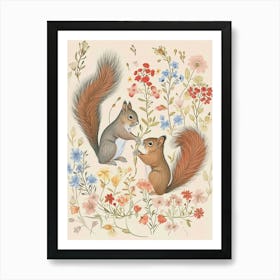 Folksy Floral Animal Drawing Squirrel 3 Art Print