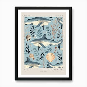 Pastel Blue Nurse Shark Watercolour Seascape Pattern 1 Poster Art Print
