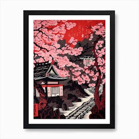 Kyoto Cherry Season Japan Linocut Illustration Style 3 Art Print