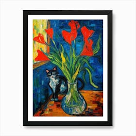 Still Life Of Sweet Pea With A Cat 3 Art Print
