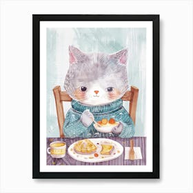 Grey Cat Having Breakfast Folk Illustration 8 Art Print