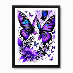 Purple Butterflies And Flowers Art Print