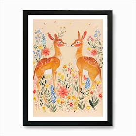 Folksy Floral Animal Drawing Deer 3 Art Print