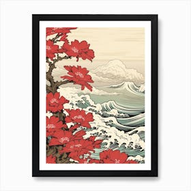 Great Wave With Camellia Flower Drawing In The Style Of Ukiyo E 2 Art Print