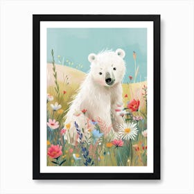 Polar Bear Cub In A Field Of Flowers Storybook Illustration 3 Art Print