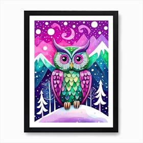 Pink Owl Snowy Landscape Painting (7) Art Print