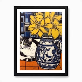 Drawing Of A Still Life Of Iris With A Cat 4 Art Print