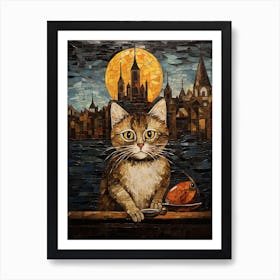 Mosaic Of A Cat In Front Of A Medieval City With A Fish Art Print