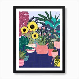 Abstract Sunflowers And Pink Pots Art Print