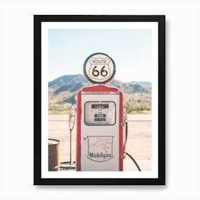 Route 66, USA I Deep America vintage retro gas pump photography in front of Arizona California road landscape to pastel aesthetic of summer under the sun of a stopover at the gas station during a road trip Art Print