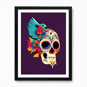 Skull With Bird Motifs Colourful Mexican Art Print