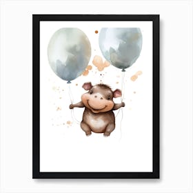 Baby Hippopotamus Flying With Ballons, Watercolour Nursery Art 2 Art Print