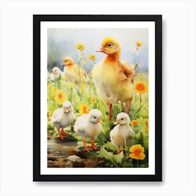 Ducklings With The Flowers Watercolour Art Print