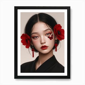 Asian Girl With Red Flowers Art Print