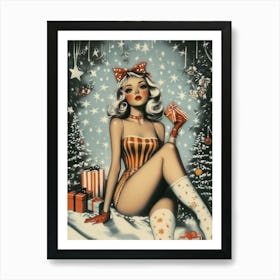 Pin Up Girl Christmas Painting Snow Tree Presents Gifts Holiday Art Print